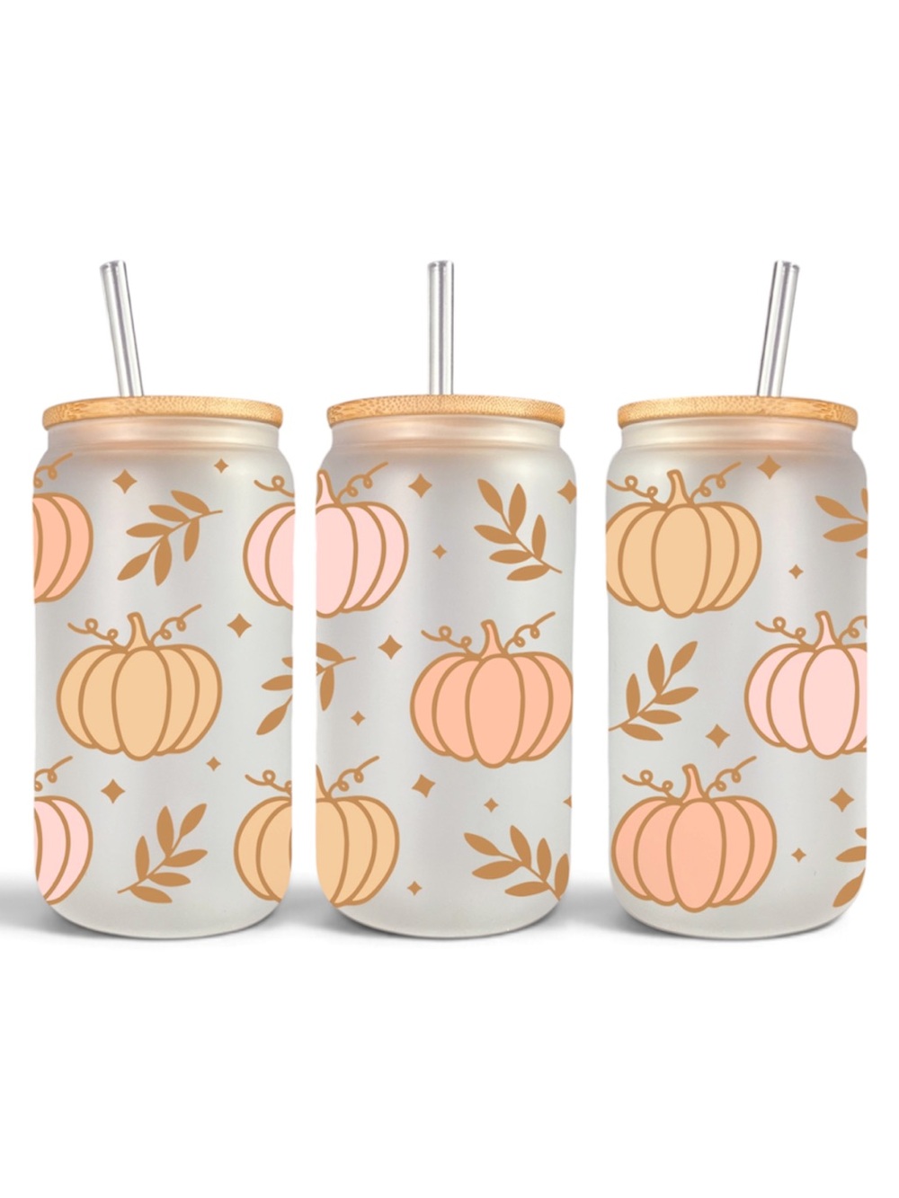 Fall Pumpkin Glass Tumbler 16 oz Bamboo Lid & Straw Handmade brand New